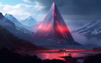 Red and blue scifi mountain peak